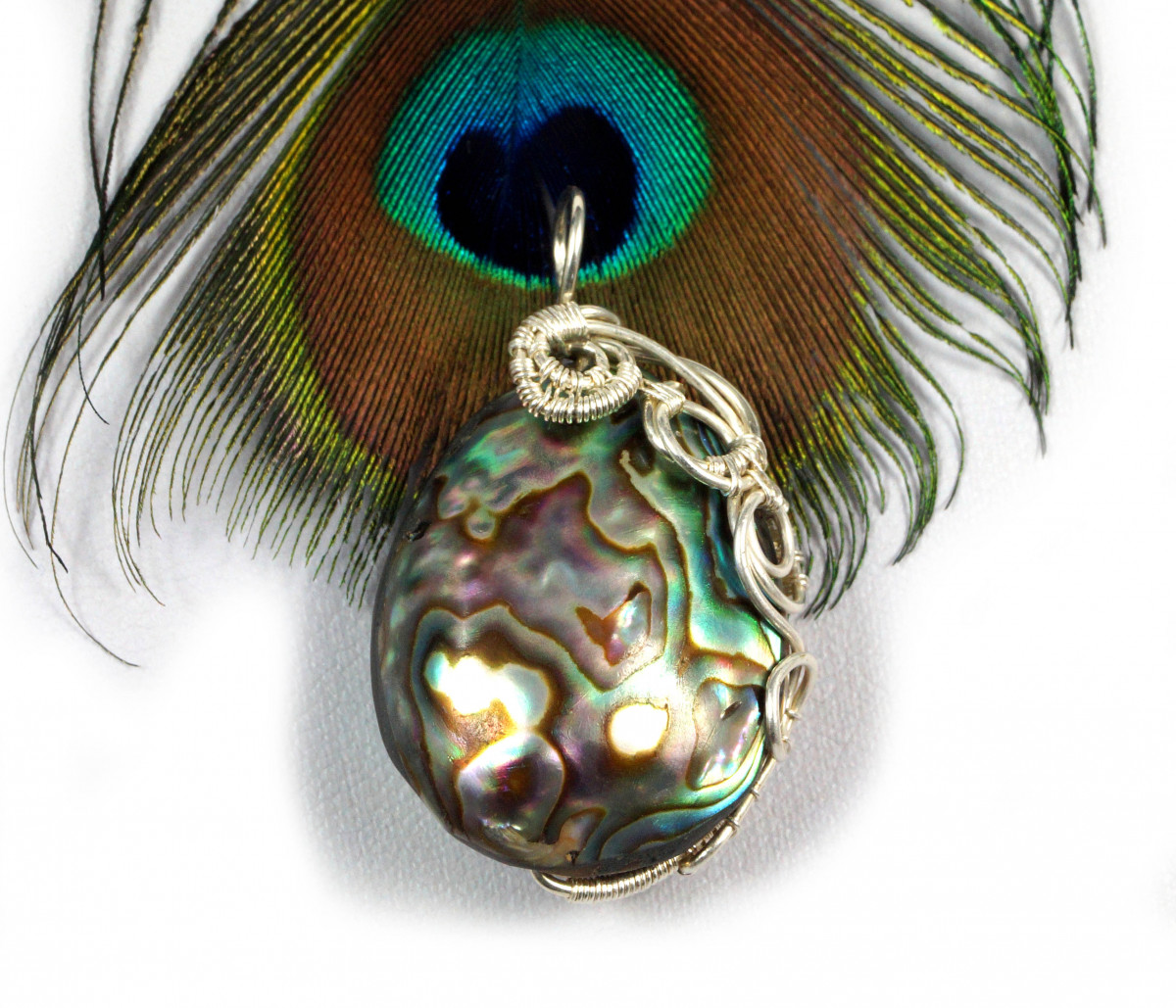 Muszla abalone, Srebrny wisior z muszlą abalone wire wrapped, prezent dla niej, prezent dla mamy, ręcznie robiona biżuteria autorska
